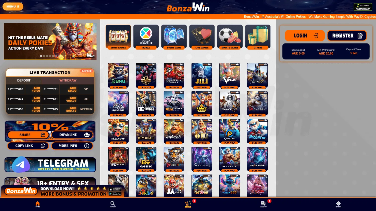Bonzawin Casino home on desktop
