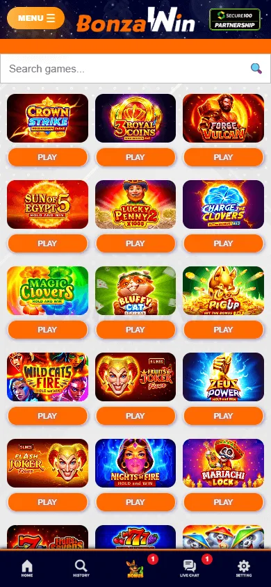 Bonzawin Casino games area on a mobile phone