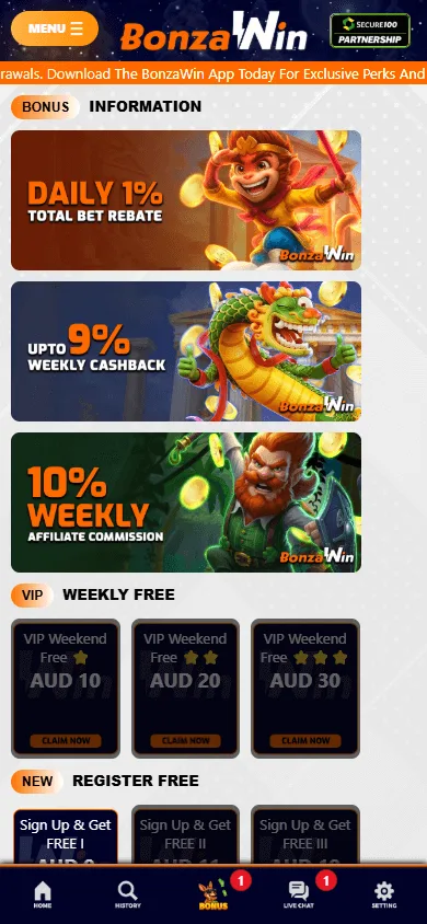 Bonzawin Casino promotions area on a mobile phone