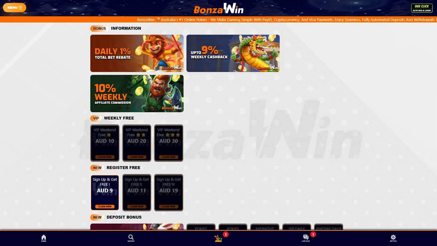 Bonzawin Casino promotions area on desktop