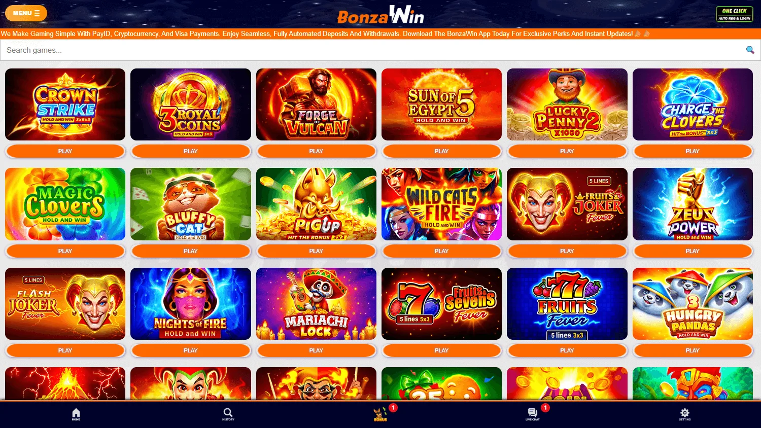 Bonzawin Casino games area on desktop